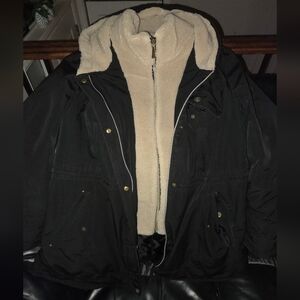 Black Women's Hooded Ugg Coat with Cream Sherpa Lining